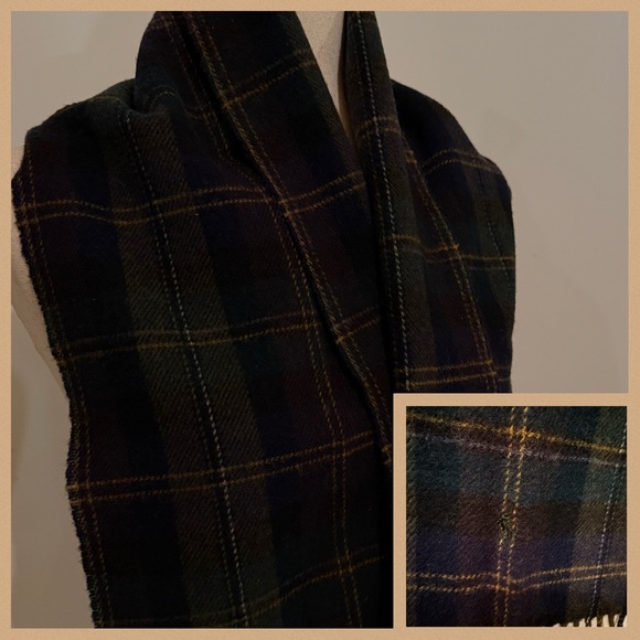 POLO by Ralph Lauren Tartan Plaid Lambswool Fringe Scarf in Navy/Green/Brown